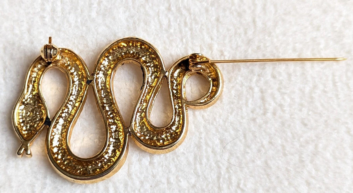 Vintage Gold Snake Brooch with Red Crystal Eyes – Coiled Serpent Statement Pin