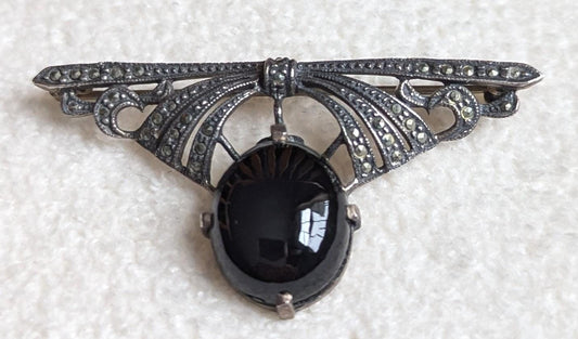 Vintage Art Deco Sterling Silver Onyx Marcasite Bow Brooch