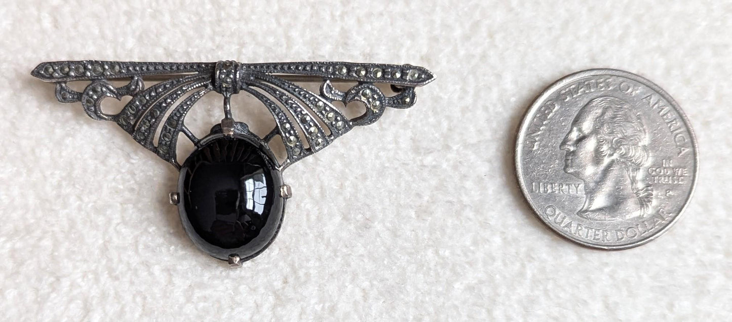 Vintage Art Deco Sterling Silver Onyx Marcasite Bow Brooch