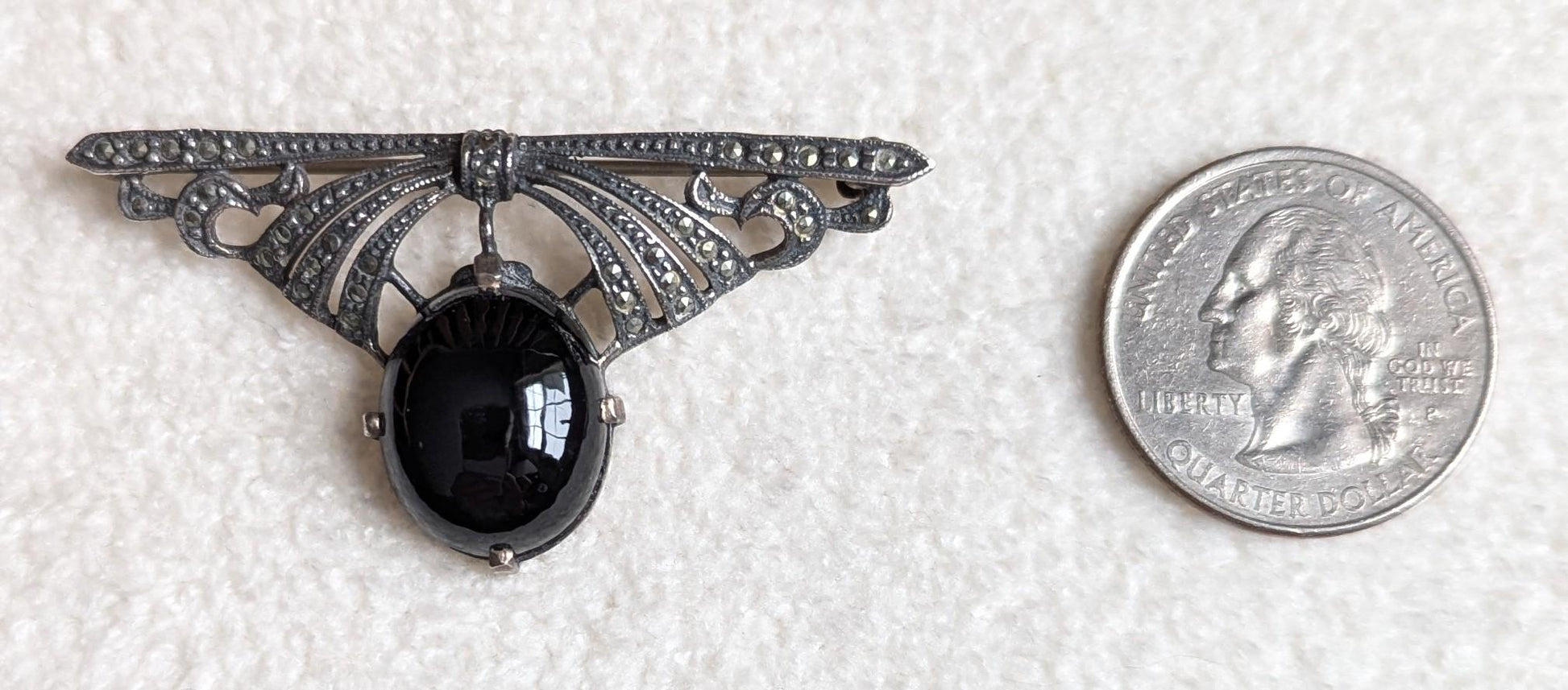 Vintage Art Deco Sterling Silver Onyx Marcasite Bow Brooch