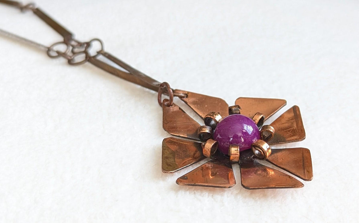 Mid Century Copper Flower Necklace – 1950s Artisan Modernist Pendant, Handcrafted Abstract Floral Statement Jewelry
