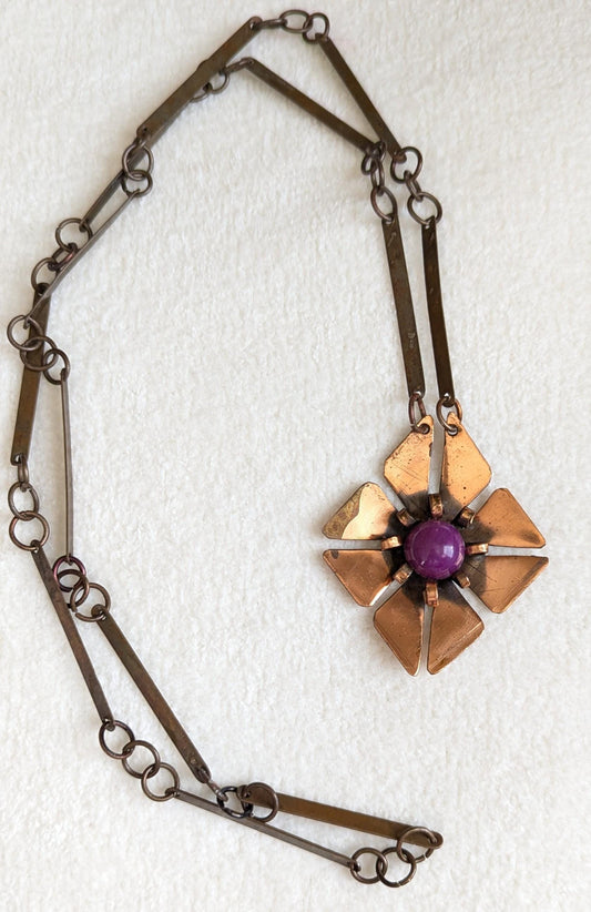 Mid Century Copper Flower Necklace – 1950s Artisan Modernist Pendant, Handcrafted Abstract Floral Statement Jewelry