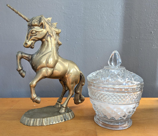 Vintage Solid Brass Unicorn Figurine | Rearing Mythical Statue with Patina Base