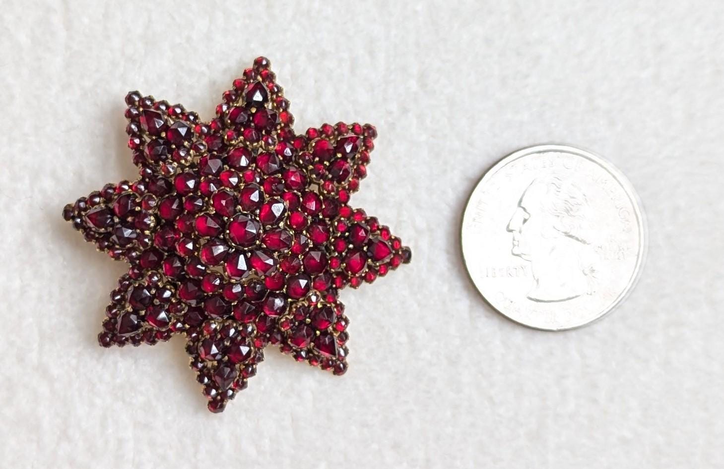 Antique Bohemian Garnet Star Brooch | Early 20th Century Victorian Revival Pin | Rose Cut Garnets