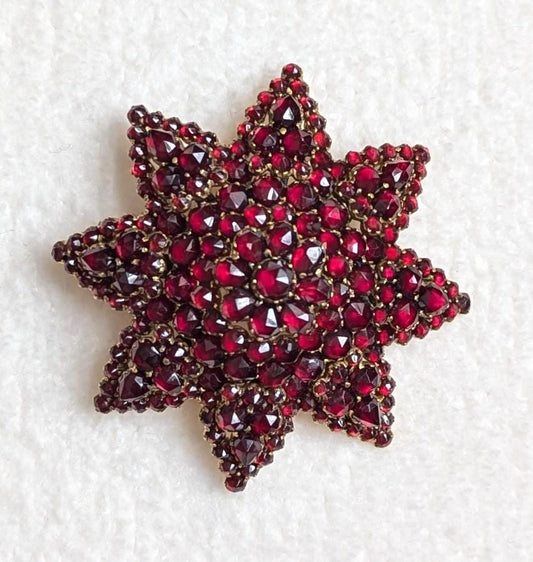 Antique Bohemian Garnet Star Brooch | Early 20th Century Victorian Revival Pin | Rose Cut Garnets
