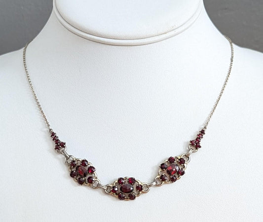 Antique Bohemian Garnet Necklace 835 Silver | Victorian Revival Panel Necklace | Deep Red Garnet Station Necklace