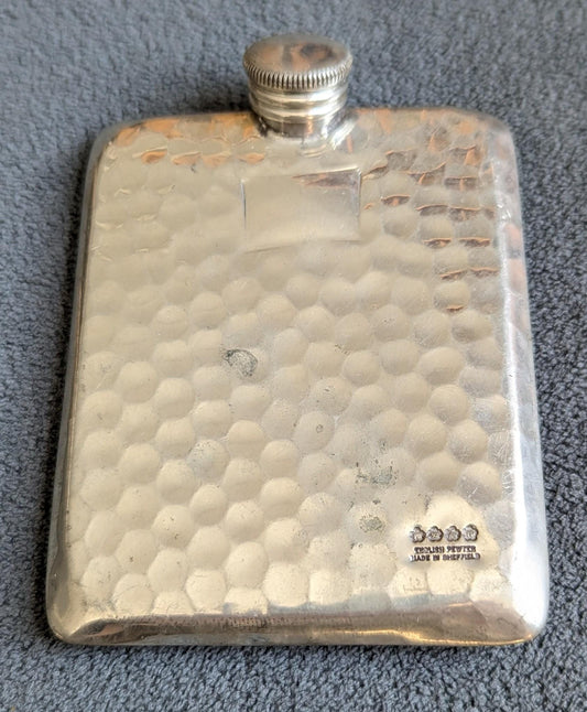 Vintage English Pewter Hip Flask | Hand Hammered Barware, Sheffield