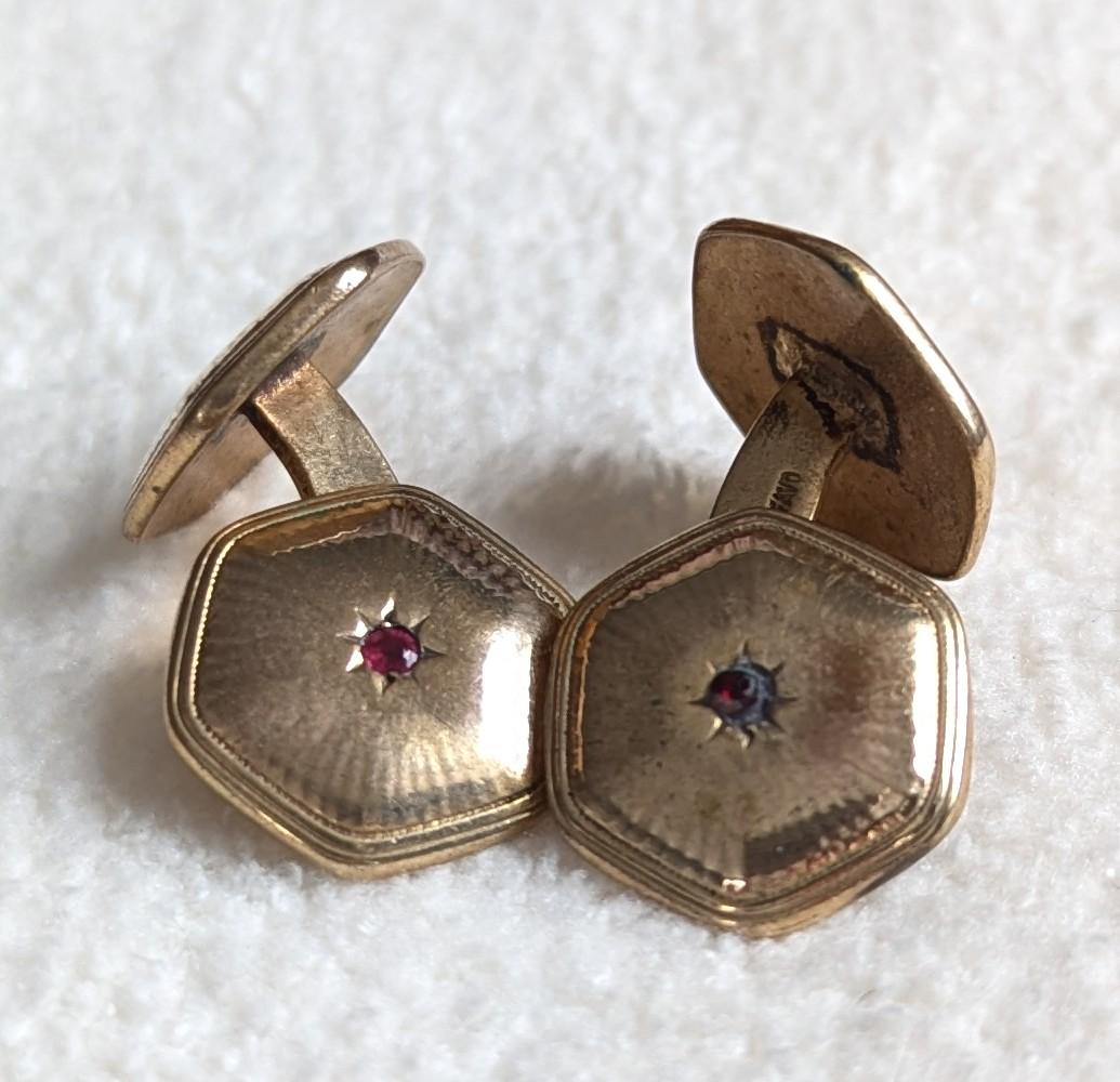 Edwardian Gold Filled Cufflinks | Star Set Red Stone, FAVO Stamped