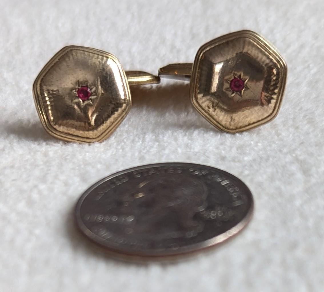 Edwardian Gold Filled Cufflinks | Star Set Red Stone, FAVO Stamped