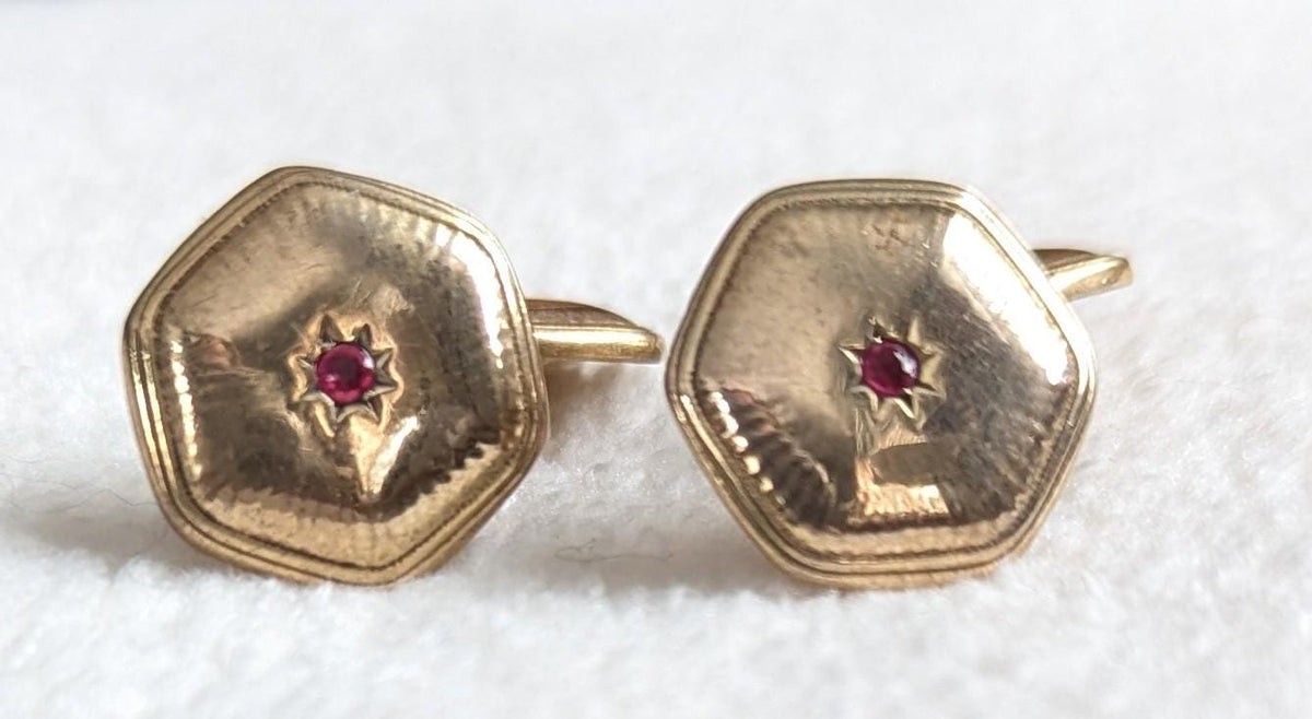 Edwardian Gold Filled Cufflinks | Star Set Red Stone, FAVO Stamped