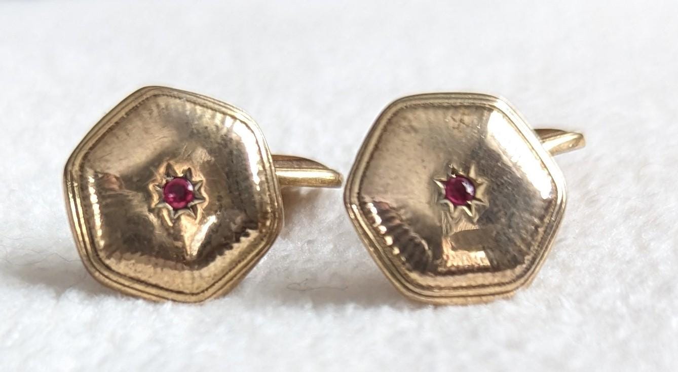 Edwardian Gold Filled Cufflinks | Star Set Red Stone, FAVO Stamped