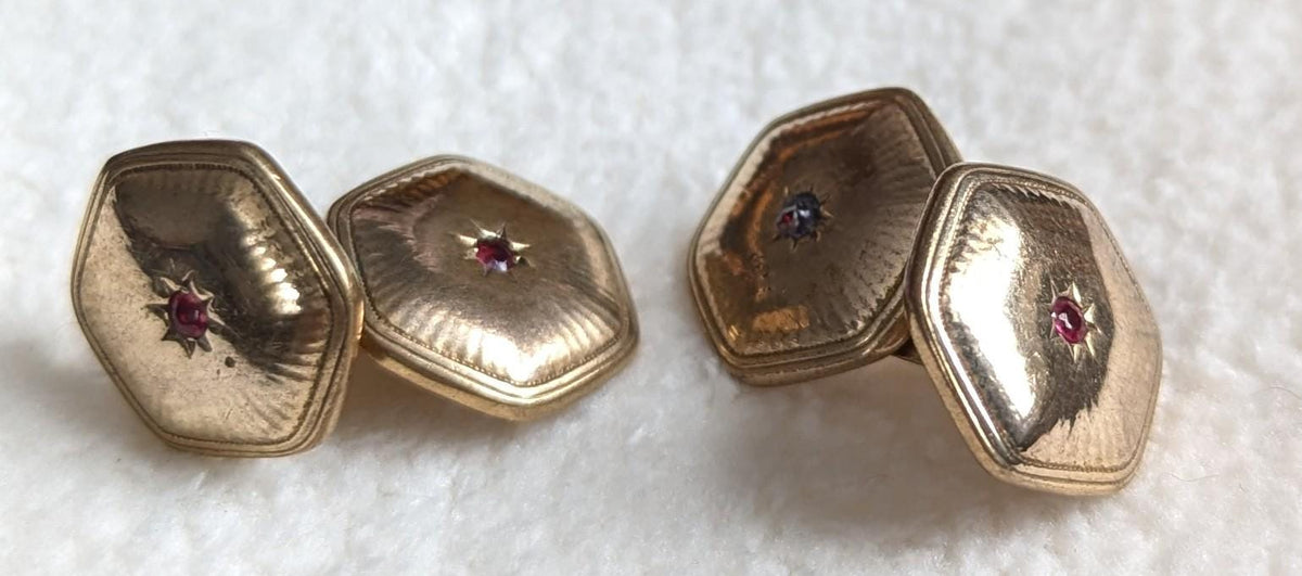 Edwardian Gold Filled Cufflinks | Star Set Red Stone, FAVO Stamped