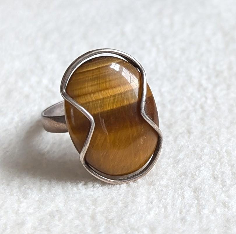 Vintage 835 Silver Tiger's Eye Ring | Mid-Century Modern Statement Jewelry, Size 8