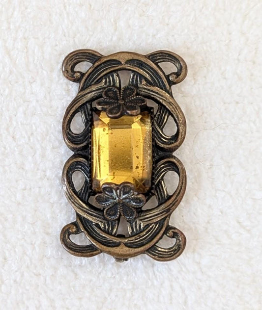 Art Nouveau Amber Glass Pendant | Brass Floral Filigree, Converted Brooch