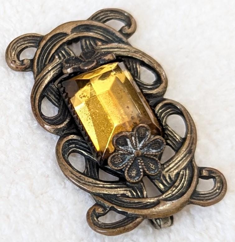 Art Nouveau Amber Glass Pendant | Brass Floral Filigree, Converted Brooch