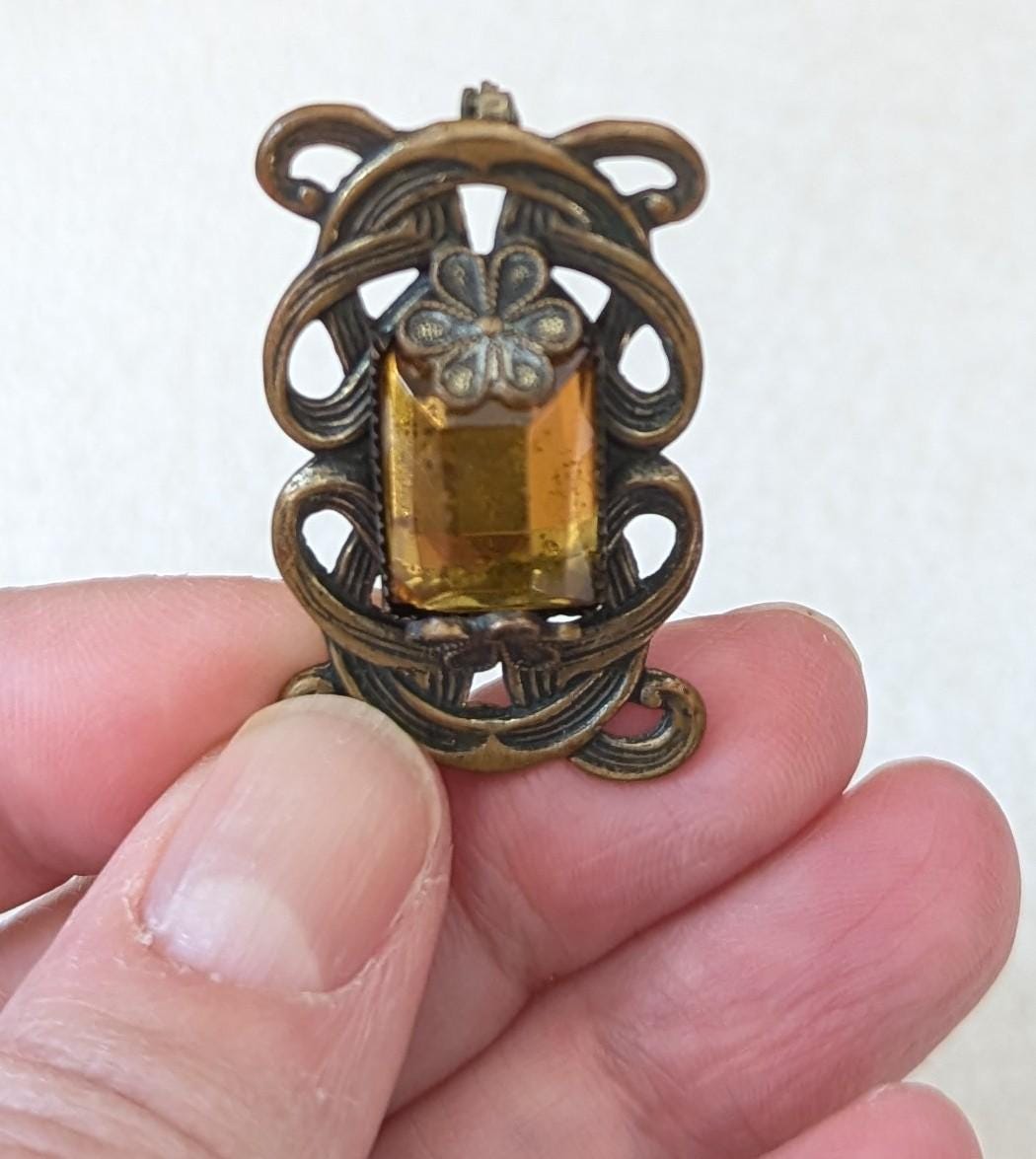 Art Nouveau Amber Glass Pendant | Brass Floral Filigree, Converted Brooch