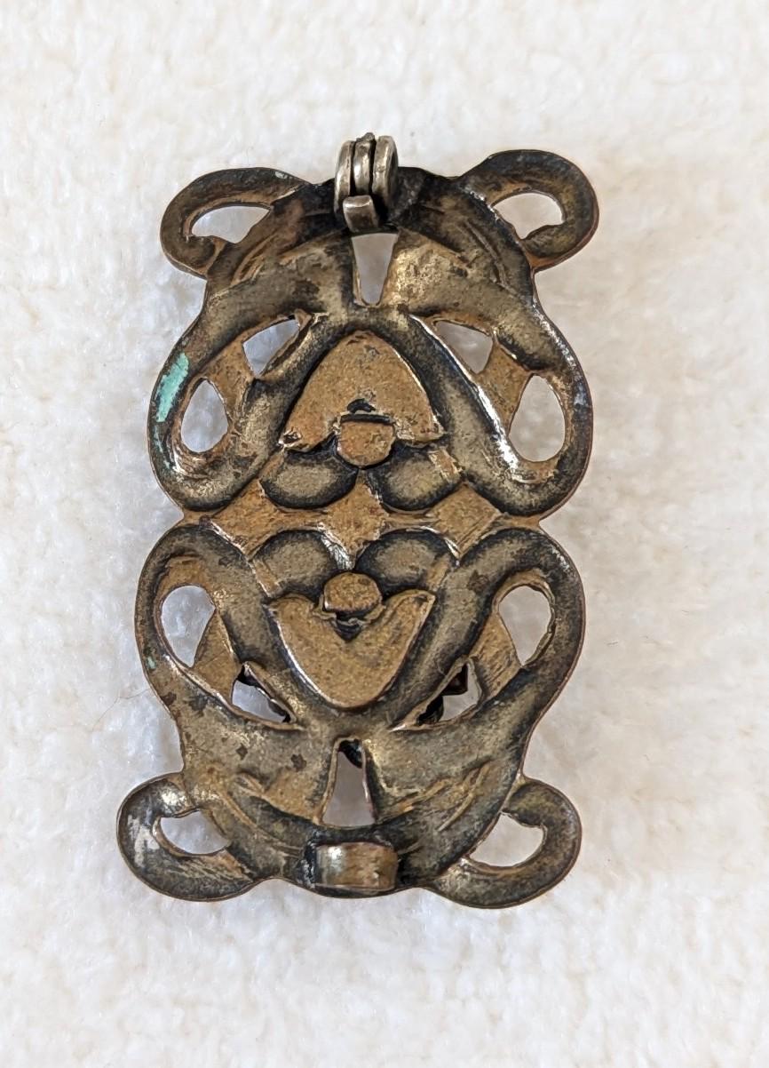 Art Nouveau Amber Glass Pendant | Brass Floral Filigree, Converted Brooch