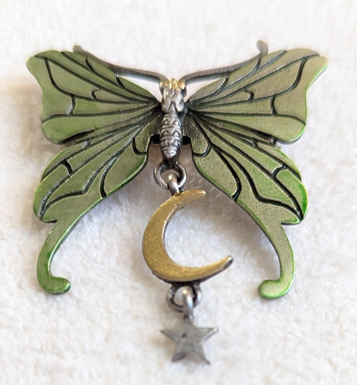 Vintage JJ Butterfly Brooch with Moon & Star Dangle – Pewter Green Celestial Pin