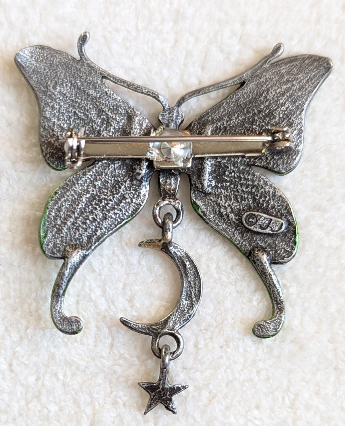 Vintage JJ Butterfly Brooch with Moon & Star Dangle – Pewter Green Celestial Pin