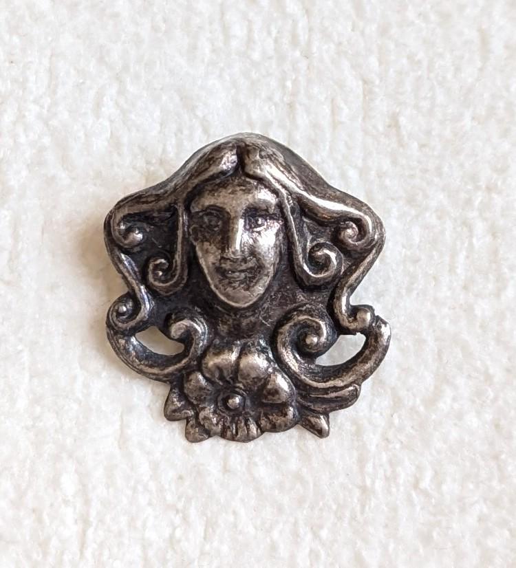 Antique Art Nouveau Sterling Silver Brooch Pendant, Repoussé Maiden Portrait
