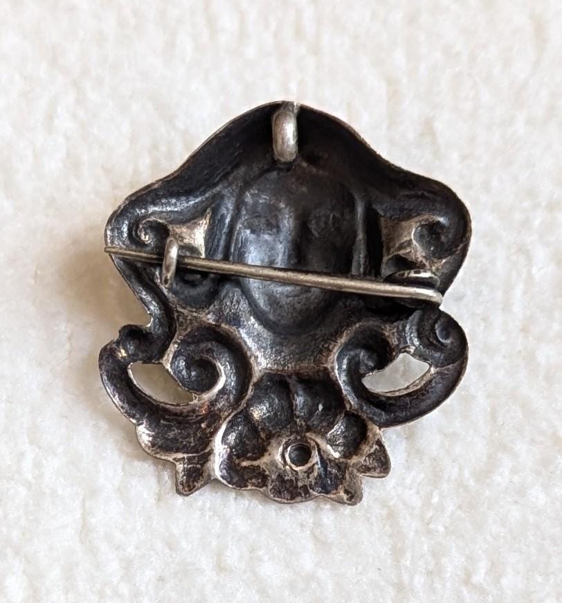 Antique Art Nouveau Sterling Silver Brooch Pendant, Repoussé Maiden Portrait
