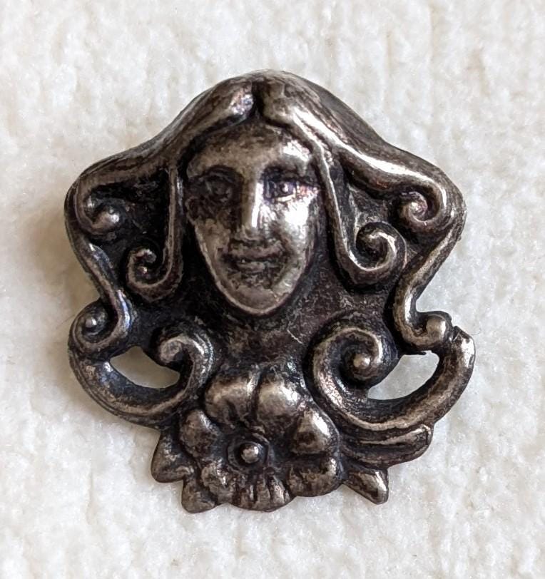 Antique Art Nouveau Sterling Silver Brooch Pendant, Repoussé Maiden Portrait