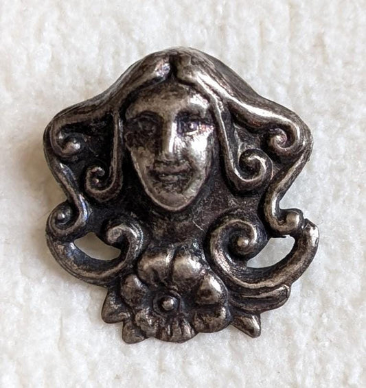 Antique Art Nouveau Sterling Silver Brooch Pendant, Repoussé Maiden Portrait