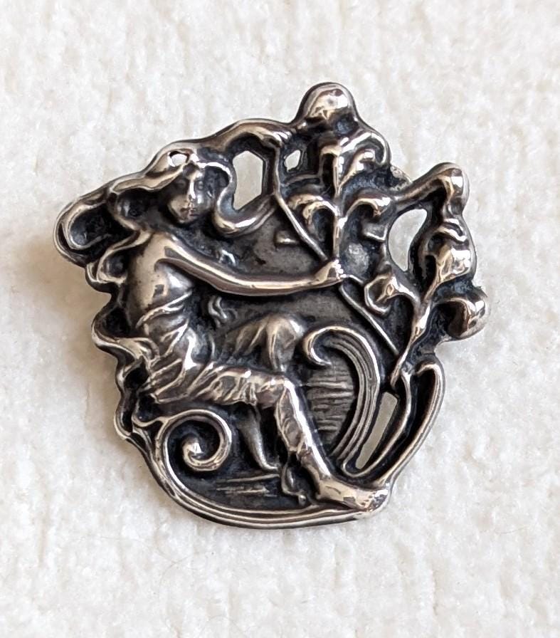 Antique Art Nouveau Sterling Silver Brooch | Repoussé Maiden, Nature Design