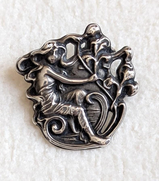 Antique Art Nouveau Sterling Silver Maiden Brooch Pin | Repoussé Figural Woman Nature Design | Circa 1900–1920