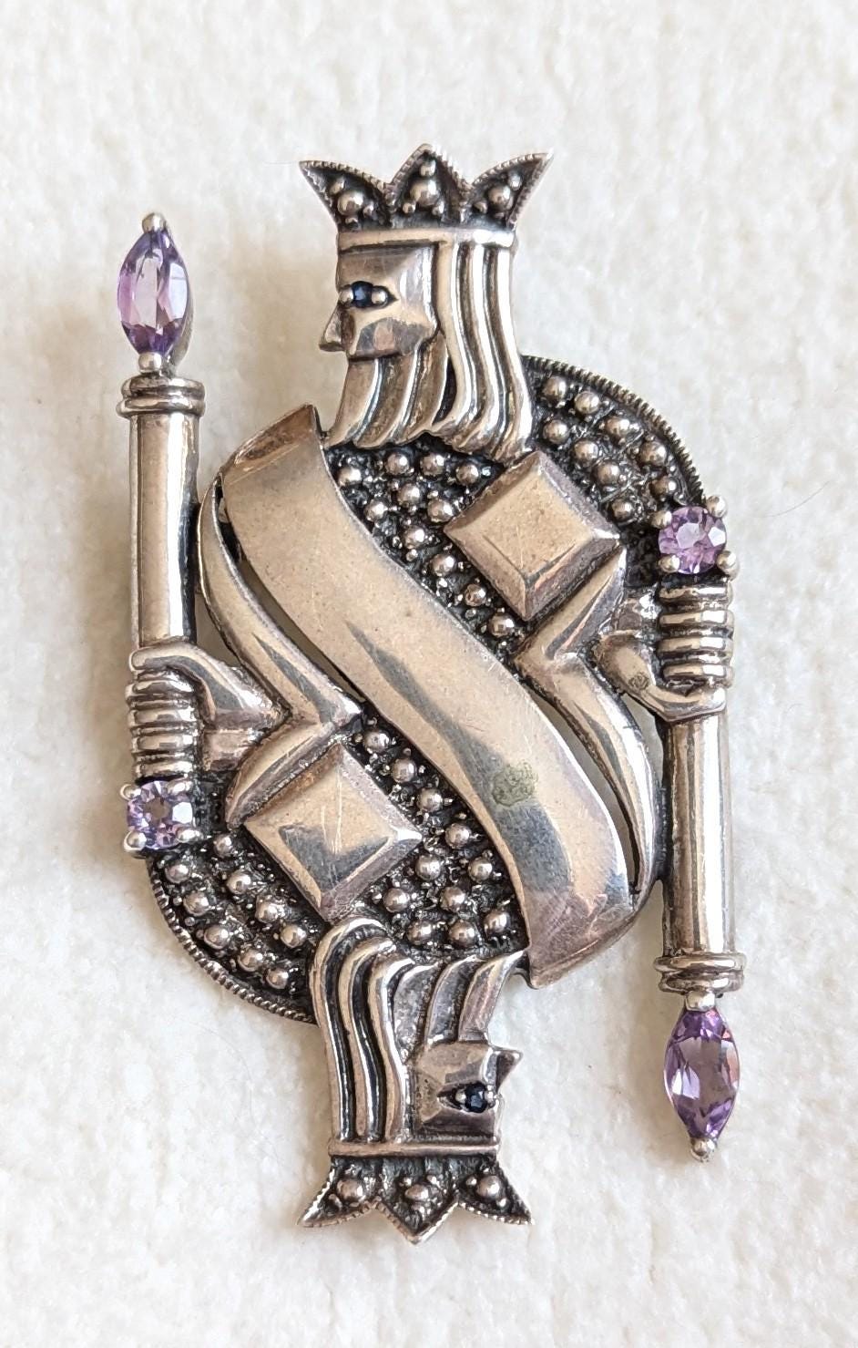 King of Diamonds Sterling Silver Brooch with Amethyst | Figural Playing Card Pin