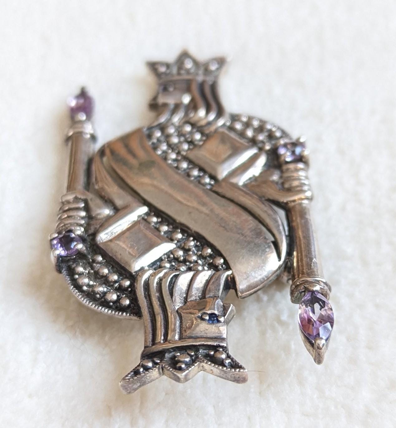 King of Diamonds Sterling Silver Brooch with Amethyst | Figural Playing Card Pin