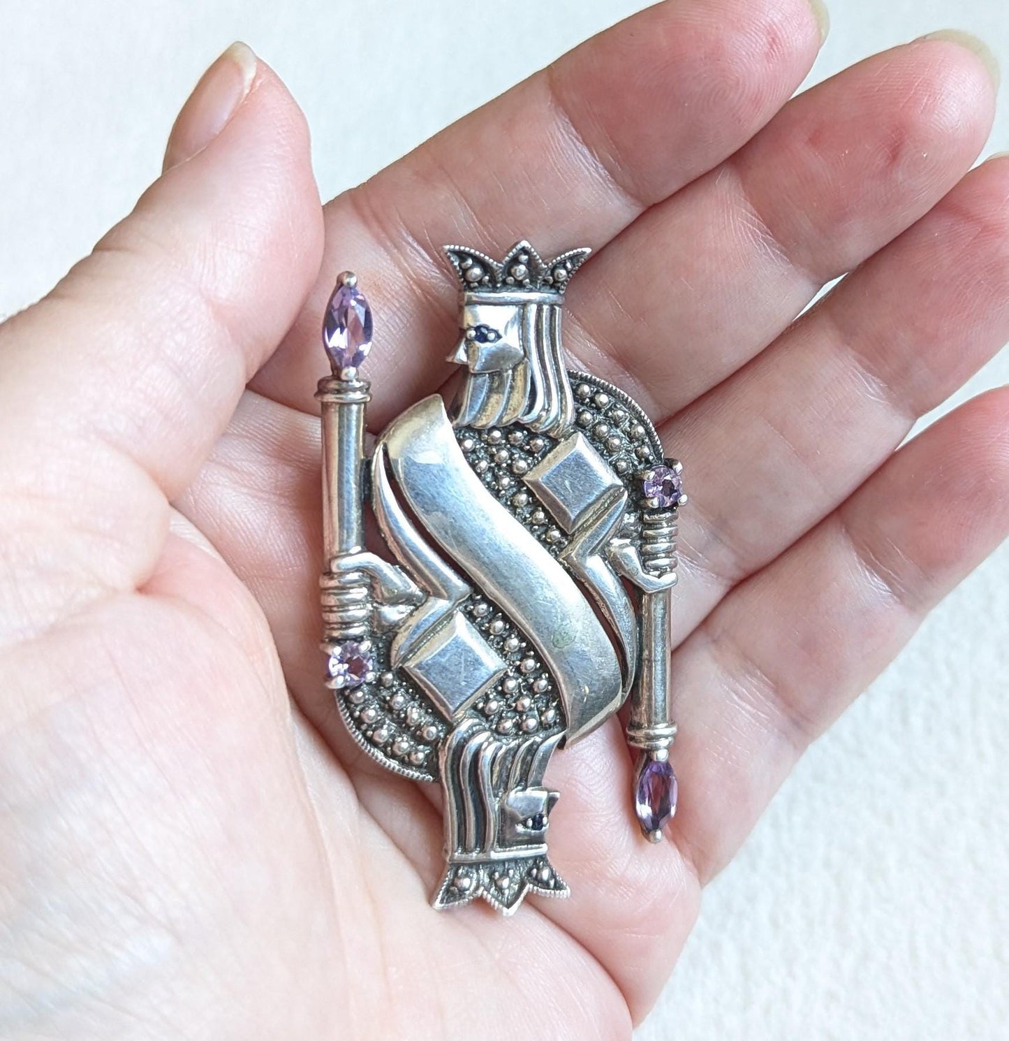 King of Diamonds Sterling Silver Brooch with Amethyst | Figural Playing Card Pin
