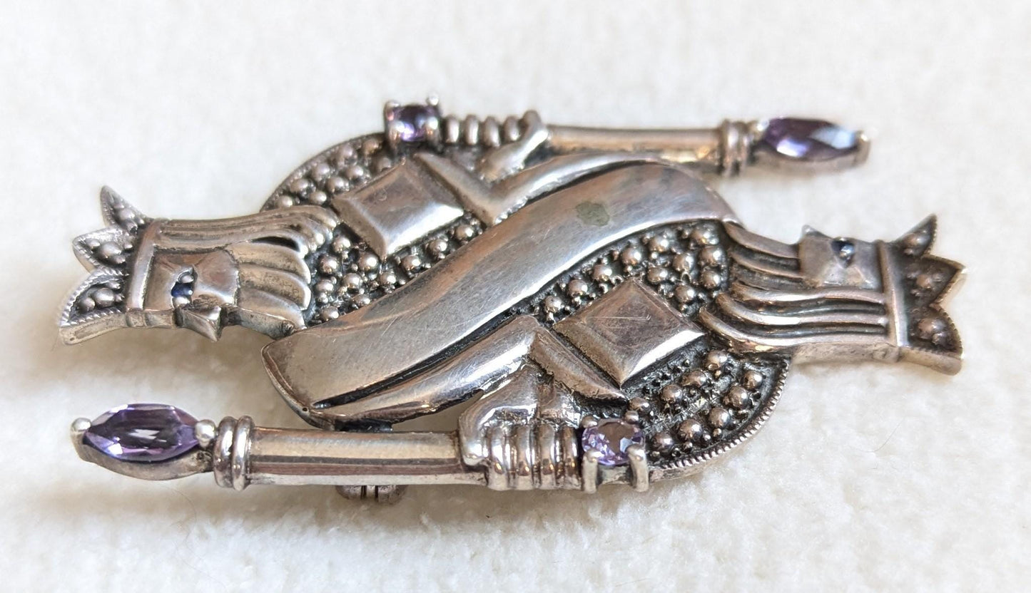 King of Diamonds Sterling Silver Brooch with Amethyst | Figural Playing Card Pin
