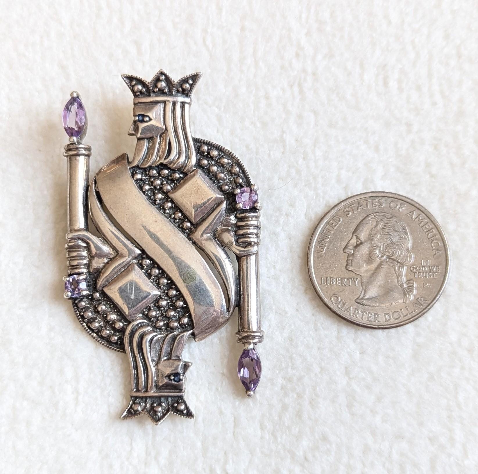 King of Diamonds Sterling Silver Brooch with Amethyst | Figural Playing Card Pin