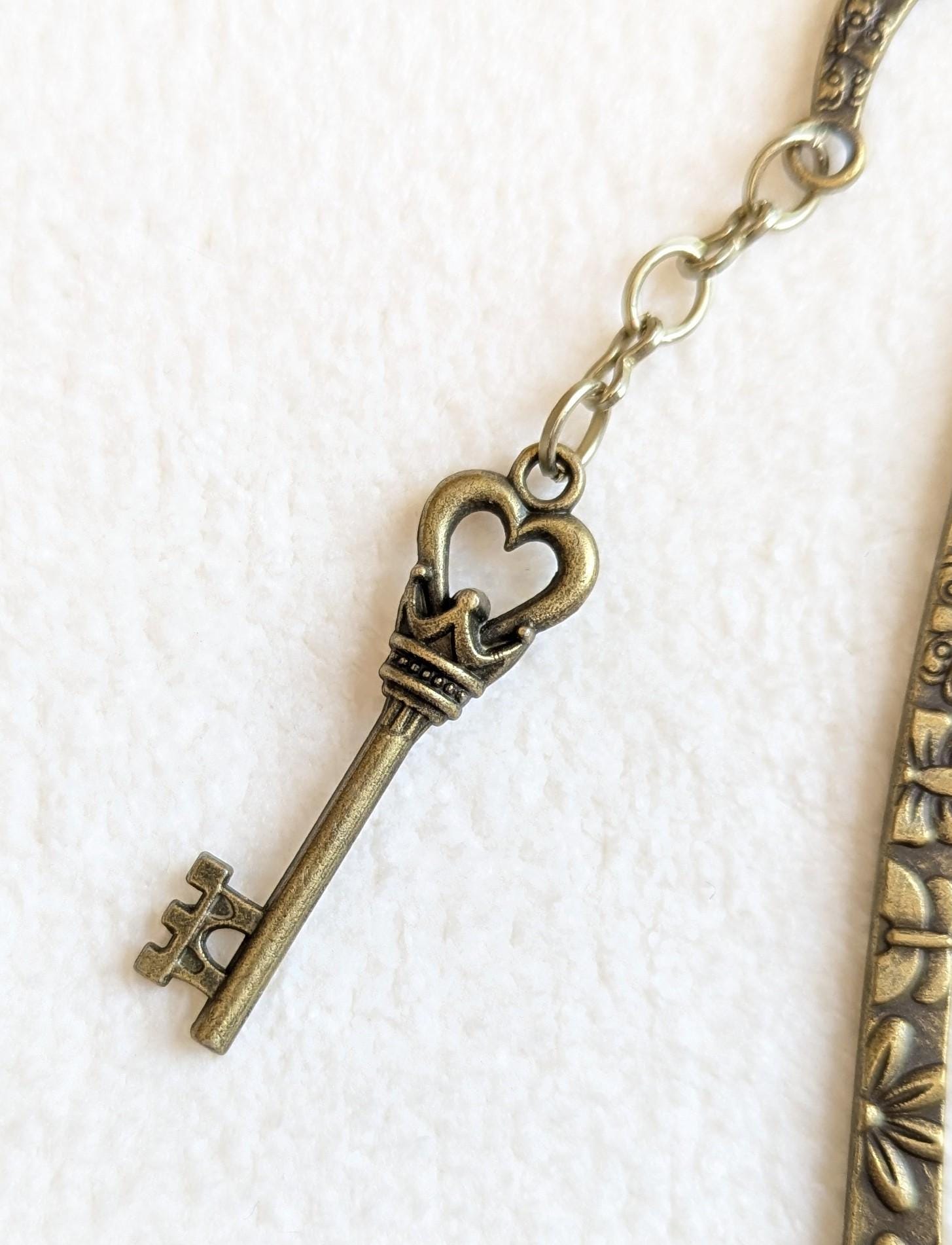 Vintage Bronze Key Bookmark | Crown & Heart Charm, Literary Gift