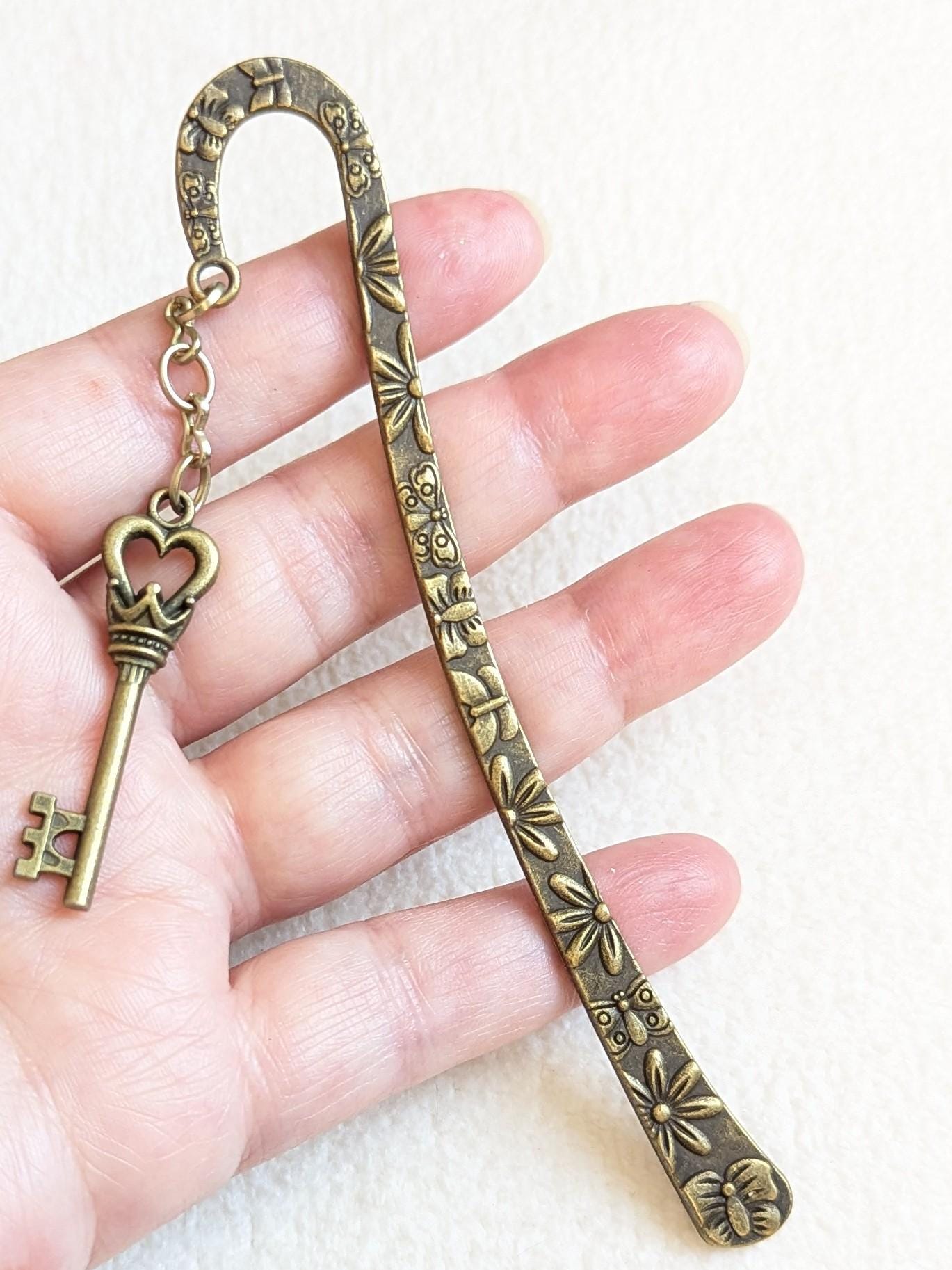 Vintage Bronze Key Bookmark | Crown & Heart Charm, Literary Gift