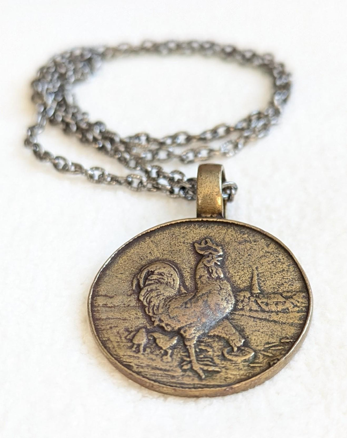 Vintage Rooster Medal Pendant Necklace | 1923 European Farm Token