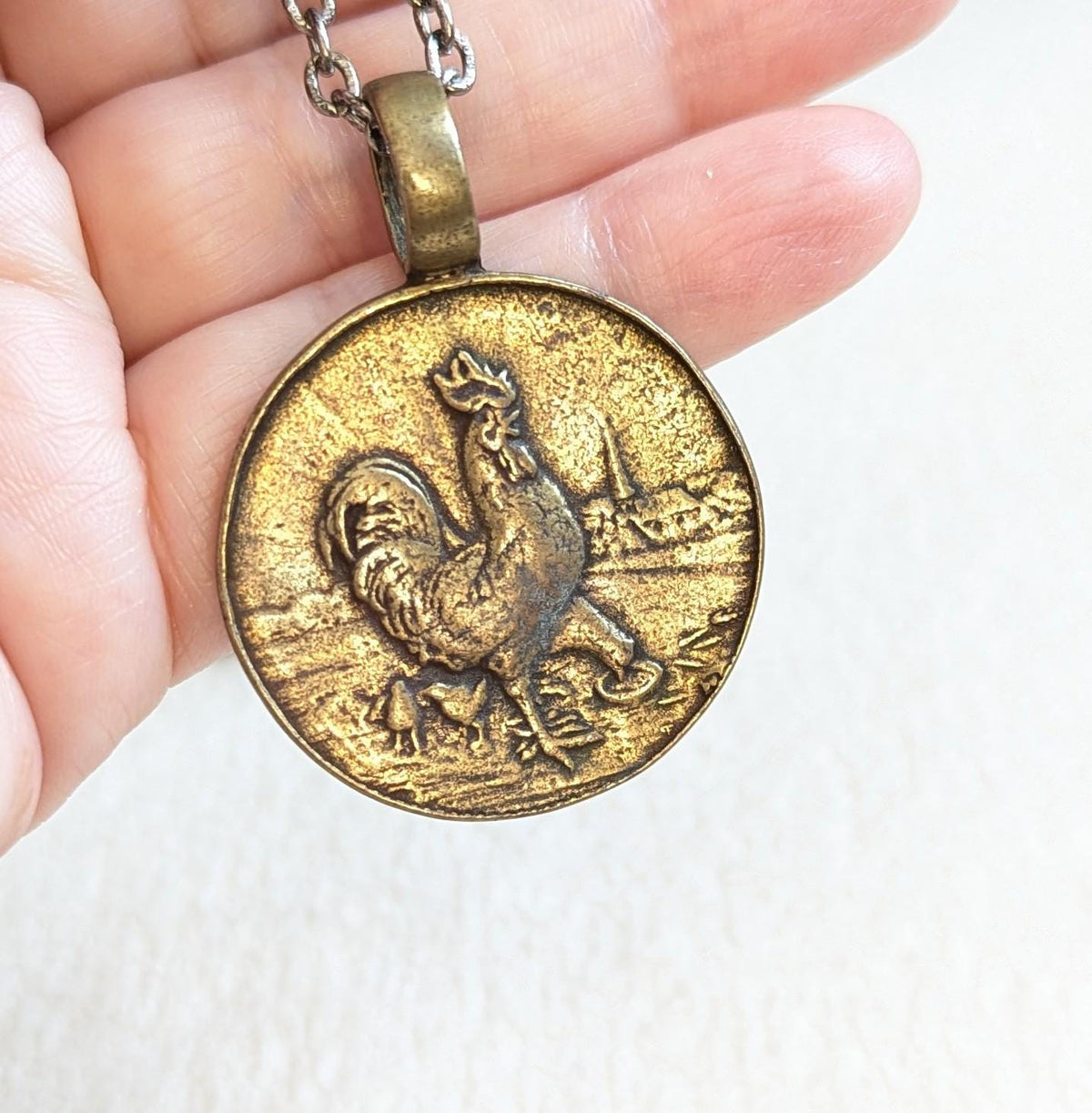 Vintage Rooster Medal Pendant Necklace | 1923 European Farm Token