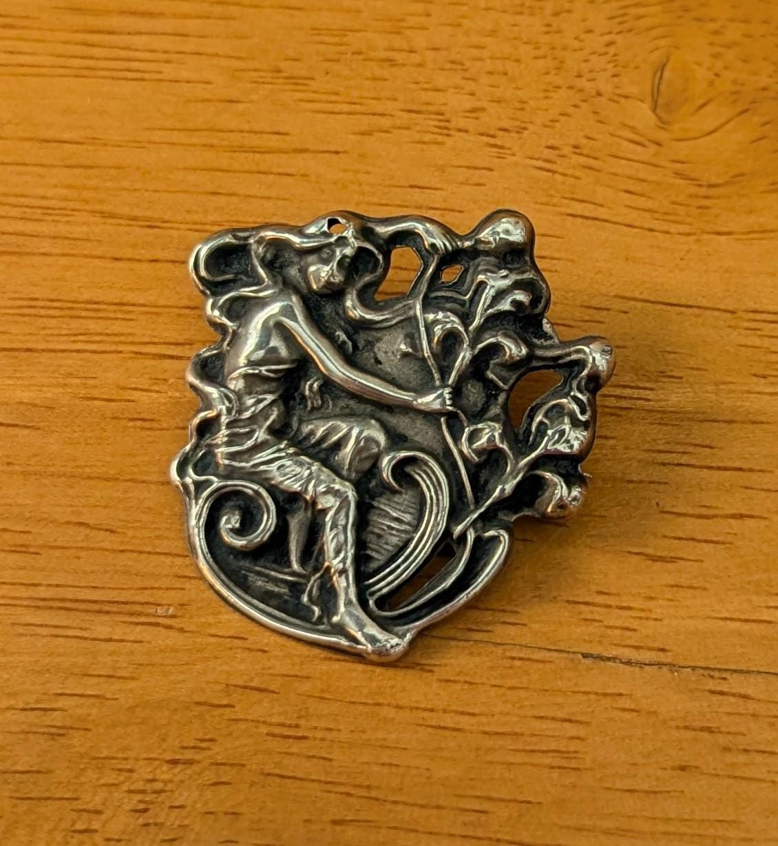 Antique Art Nouveau Sterling Silver Brooch | Repoussé Maiden, Nature Design