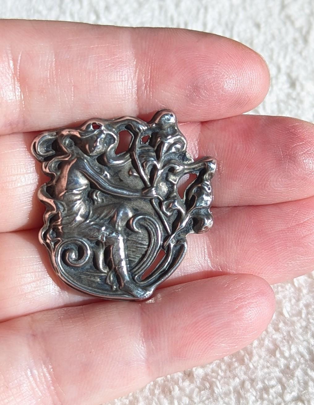 Antique Art Nouveau Sterling Silver Brooch | Repoussé Maiden, Nature Design