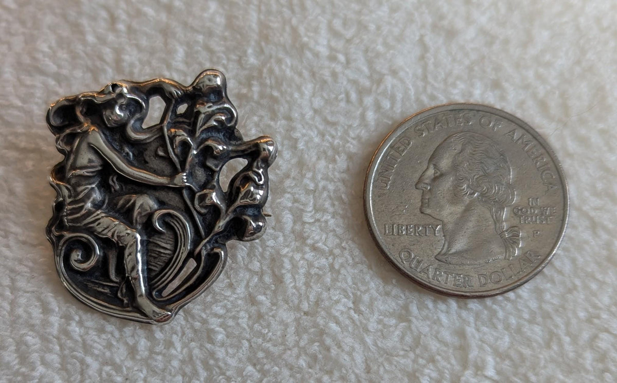 Antique Art Nouveau Sterling Silver Brooch | Repoussé Maiden, Nature Design