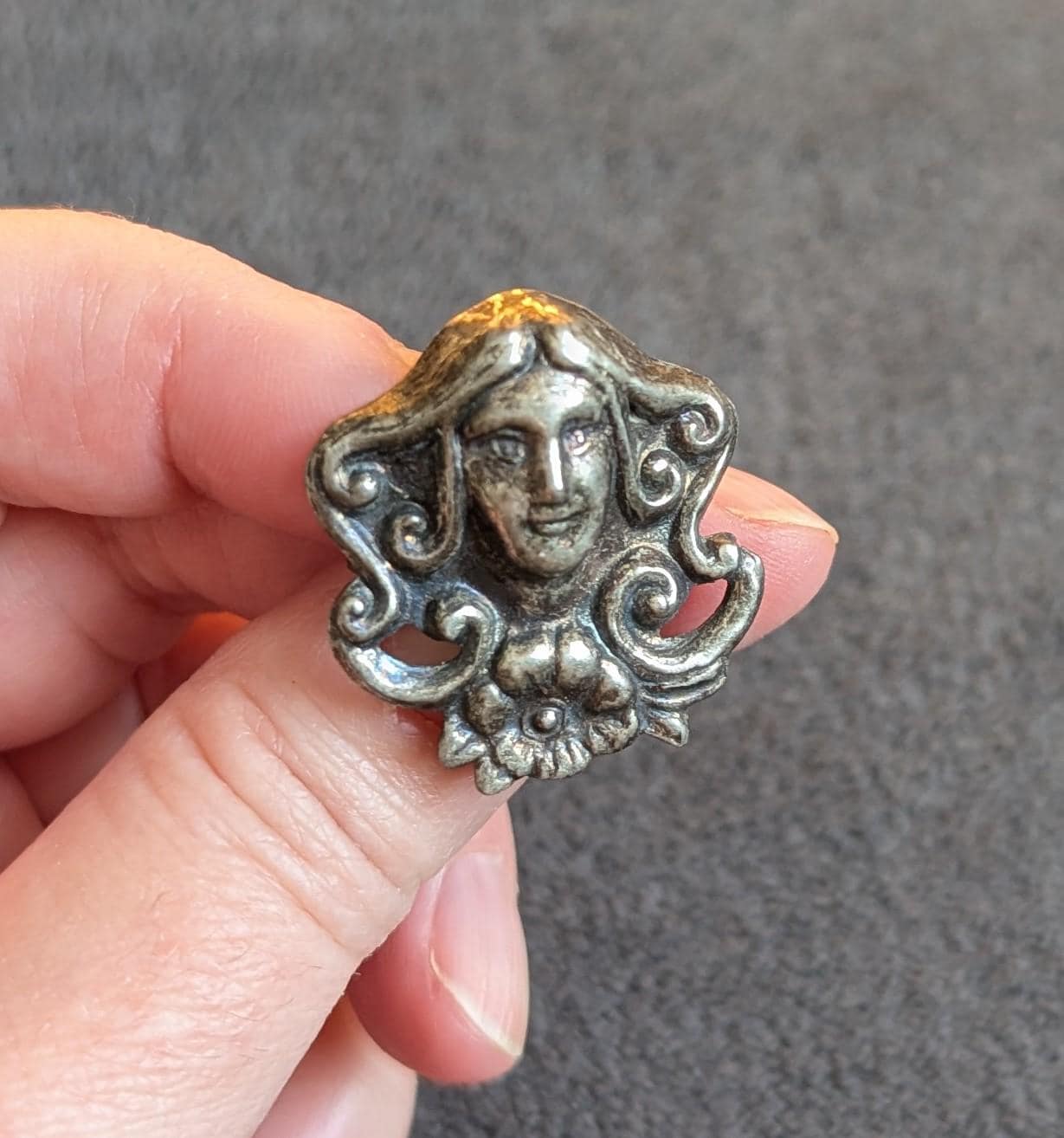 Antique Art Nouveau Sterling Silver Brooch Pendant, Repoussé Maiden Portrait