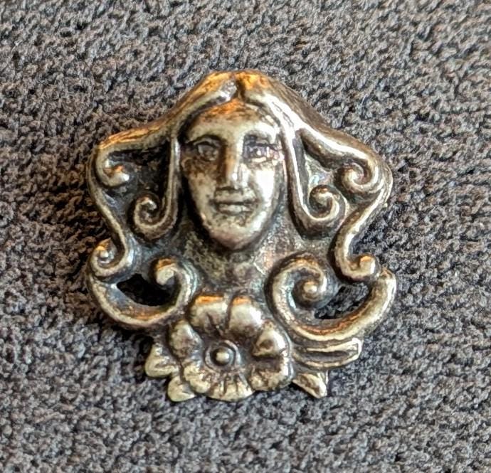Antique Art Nouveau Sterling Silver Brooch Pendant, Repoussé Maiden Portrait