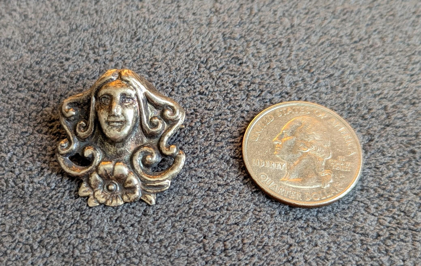 Antique Art Nouveau Sterling Silver Brooch Pendant, Repoussé Maiden Portrait