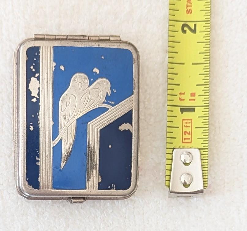 Antique Art Deco Folding Powder Compact with Blue Enamel Birds – 1920s
