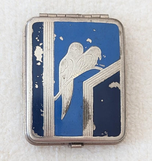 Antique Art Deco Folding Powder Compact with Blue Enamel Birds – 1920s