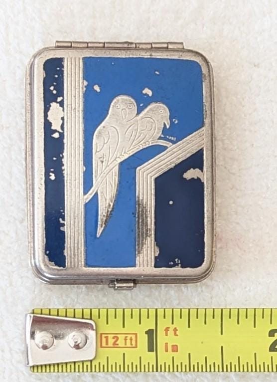 Antique Art Deco Folding Powder Compact with Blue Enamel Birds – 1920s