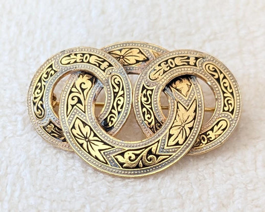 Vintage Spanish Damascene Interlocking Circles Brooch – Mid Century Gold Inlay Black Enamel Pin, Toledo Style Statement Jewelry