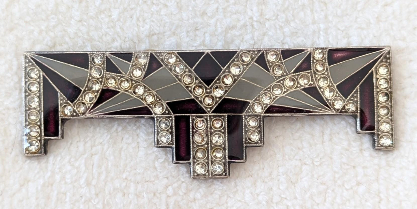 Authentic Art Deco Rhinestone Enamel Brooch – 1930s Geometric Stepped Bar Pin, Vintage Silver Tone Statement Jewelry