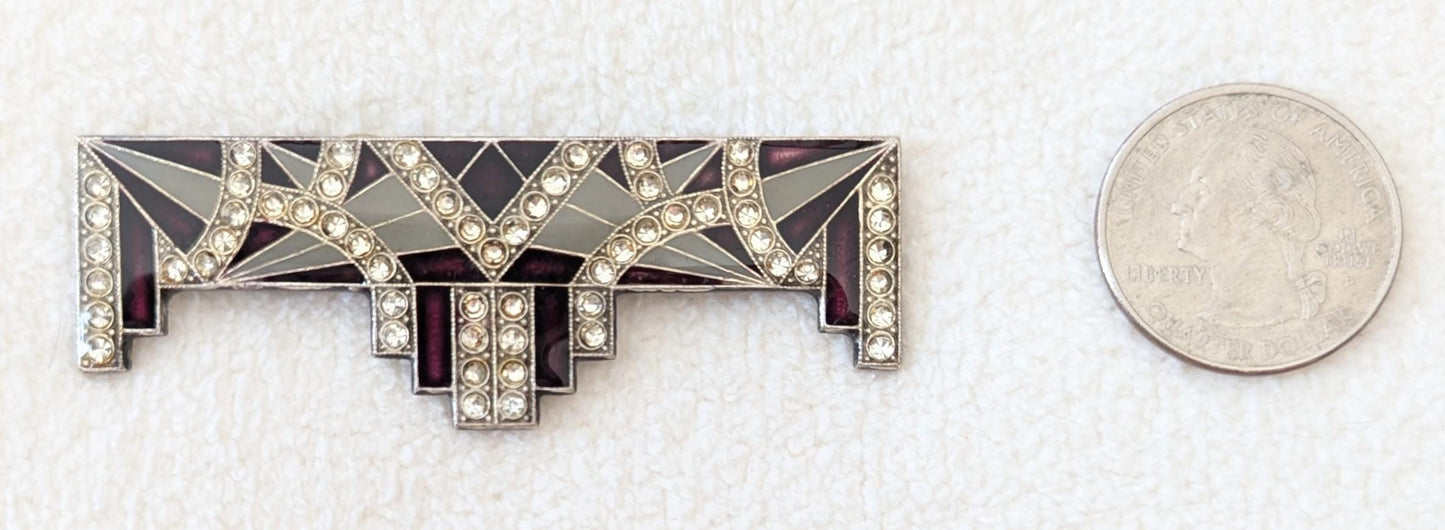 Authentic Art Deco Rhinestone Enamel Brooch – 1930s Geometric Stepped Bar Pin, Vintage Silver Tone Statement Jewelry